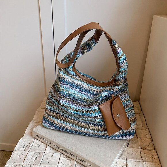 Colorful straw beach shoulder handbag with adjustable straps and small wallet - Picture 4 of 6